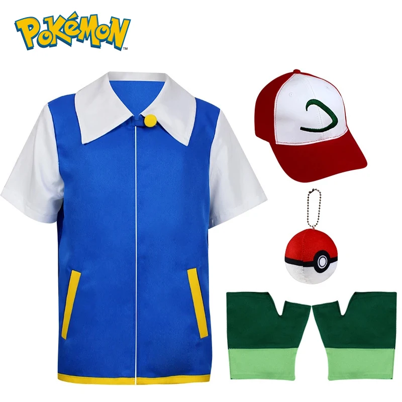 

Pokemon Costume Cosplay Anime Blue Jacket Hat Gloves Pokeball Sets Kids Adult Hoodie Party Trainer Cap and Gloves Sets