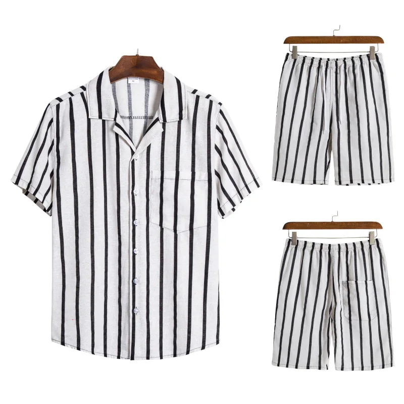 

Summer Men Hawaiian Shirt Sets Short Sleeve Stripe Casual Button Shirt Beach Shorts 2 Piece Holiday Suit Fashion Brand Clothing