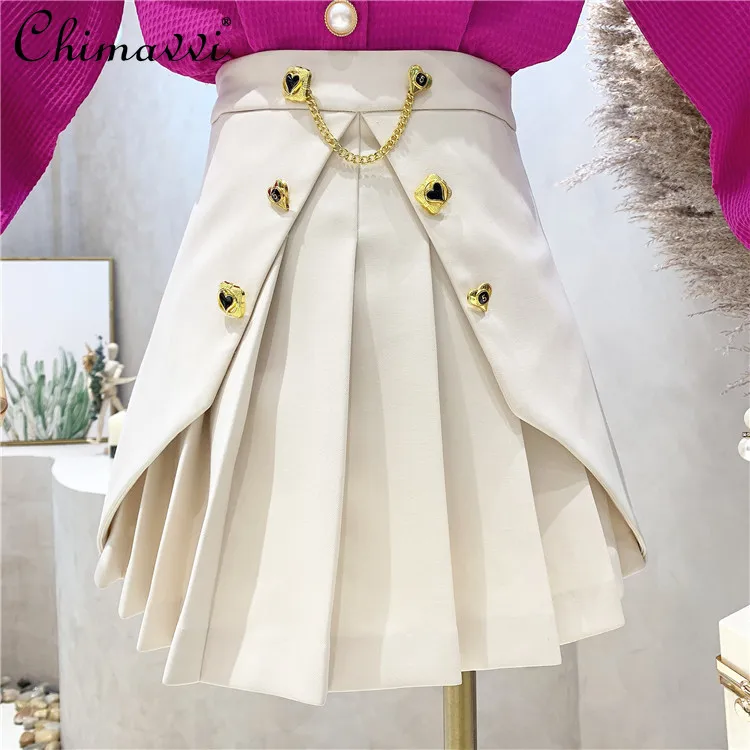 

Button Design Skirt for Women 2022 Early Spring New Fashion Solid Color High Waist Slimming A- Line Short Pleated Skirts