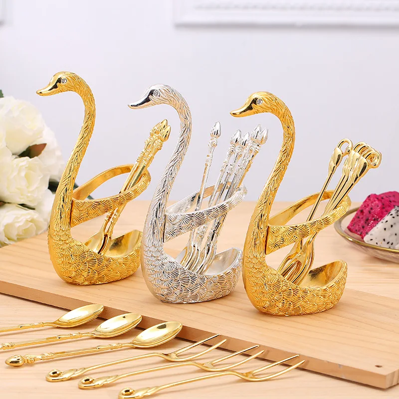 

Stainless Steel Swan Base Stand Dinnerware Set Gold Fruit Salad Dessert Cutlery Set Silver Spoons Portable Teaspoon Coffee Spoon