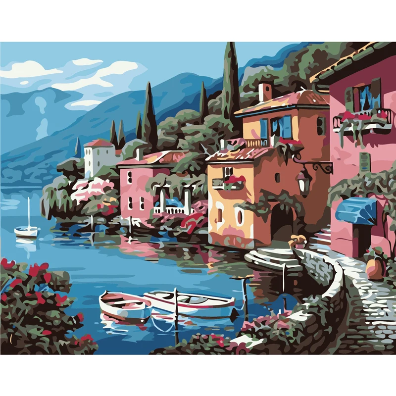 

Diy Canvas Oil Painting Seaside City And Boat Paint By Number Picture On Canvas The Canvas Print Living Room