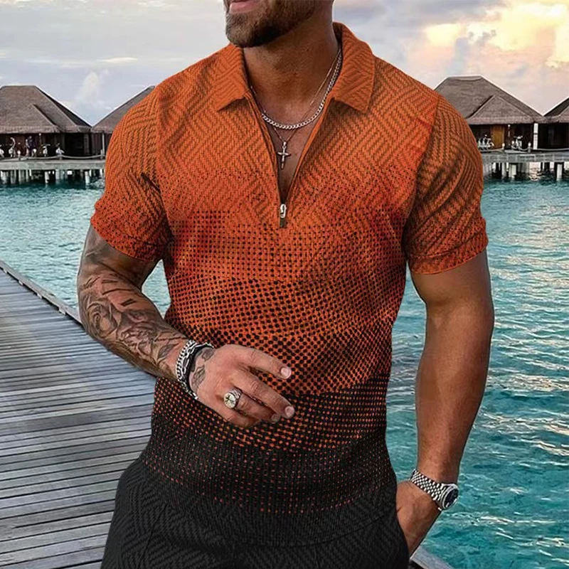 

Fashion Gradient Print Mens Polo Shirts Short Sleeve Casual Pullover Tops 2022 Summer Vintage Zipper Turn-down Collar Polos Men