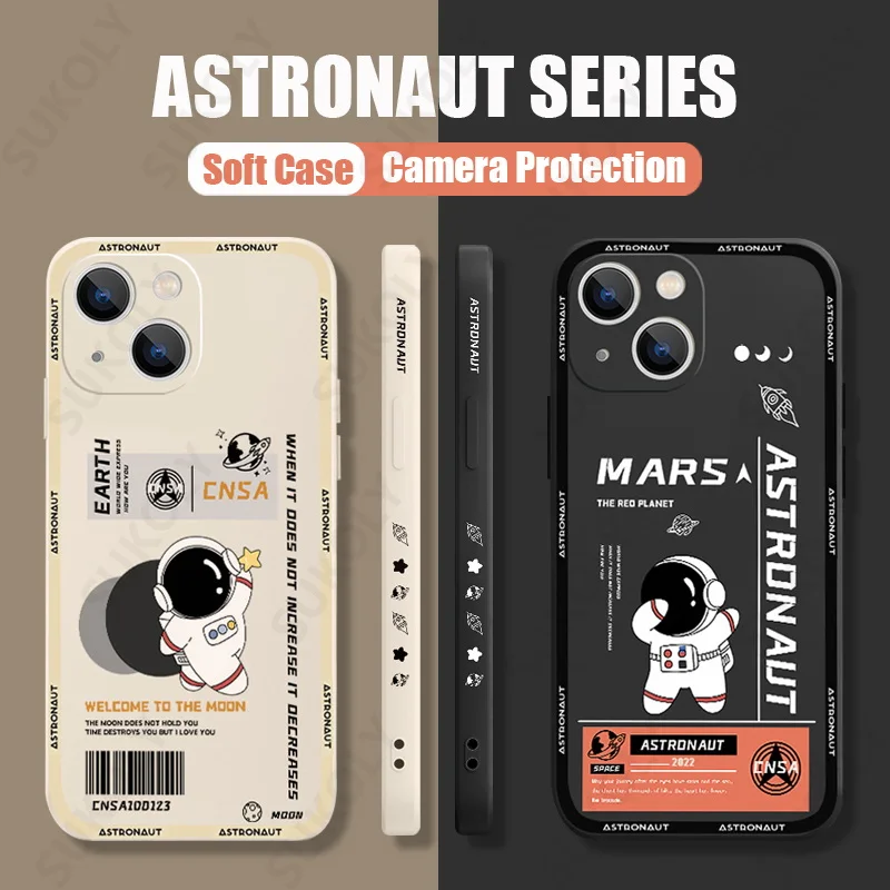 

Cartoon Astronaut Stars Silicone Lanyard Case For iPhone 13 12 11 Pro Max XS X XR 8 7 Plus SE 2022 Shockproof Hand Back Cover
