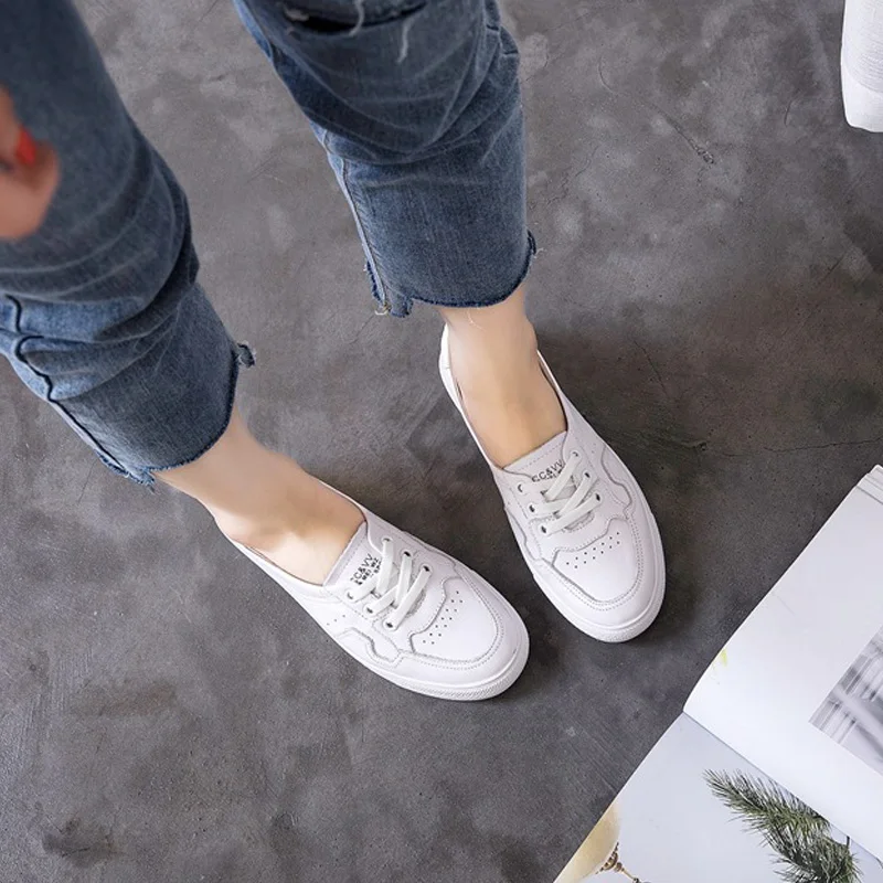 CXJYWMJL Cowhide Casual Sneakers for Women Summer Flat Vulcanized Shoes Genuine Leather Spring Skate Shoes Ladies Sports White