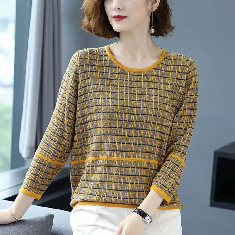 

Women's Clothing Casual Fashion Round Neck Spliced Knitted Thin Tops Summer Loose All-match 3/4 Sleeve Plaid T-shirt Female