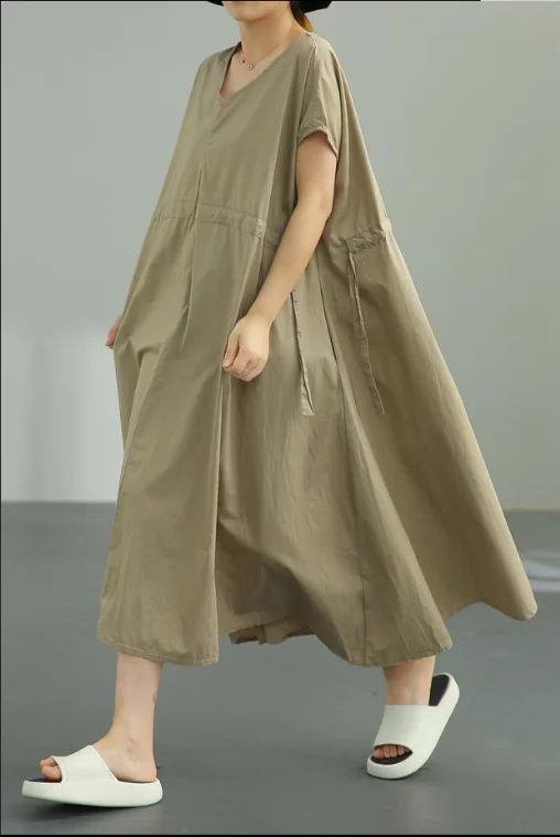 

SuperAen Oversize Women's Clothing 2023 New Korean Cotton Thin Temperament V-neck Big Swing Long Dress