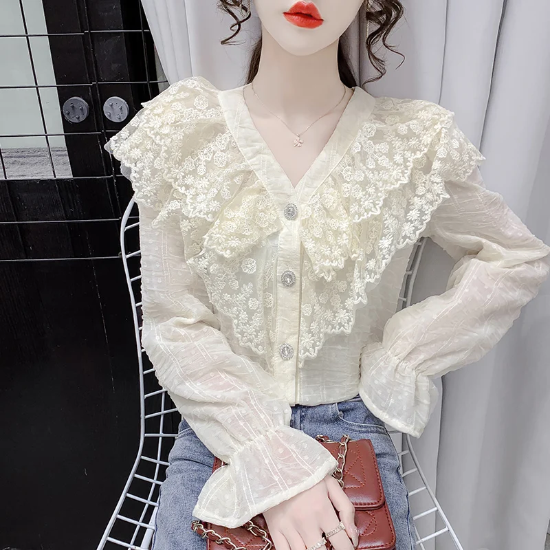 

Blouse Shirts Ladies Lace Ruffle V-neck Splicing Lace shirt Female Women Shirts Blusas Feminine New Long-Sleeved Women top 963C