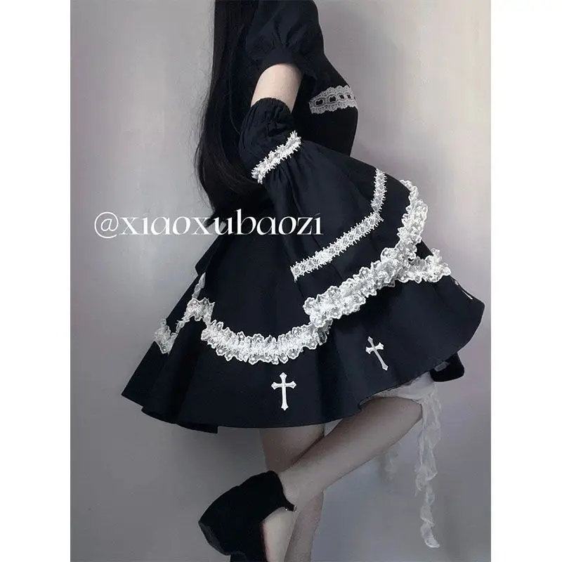 

Vintage Black Heart Hollow Cross Lace Slim Lolita Dresses Women Y2k Gothic Princess Lolita Victorian Party Dress Send Sleeves