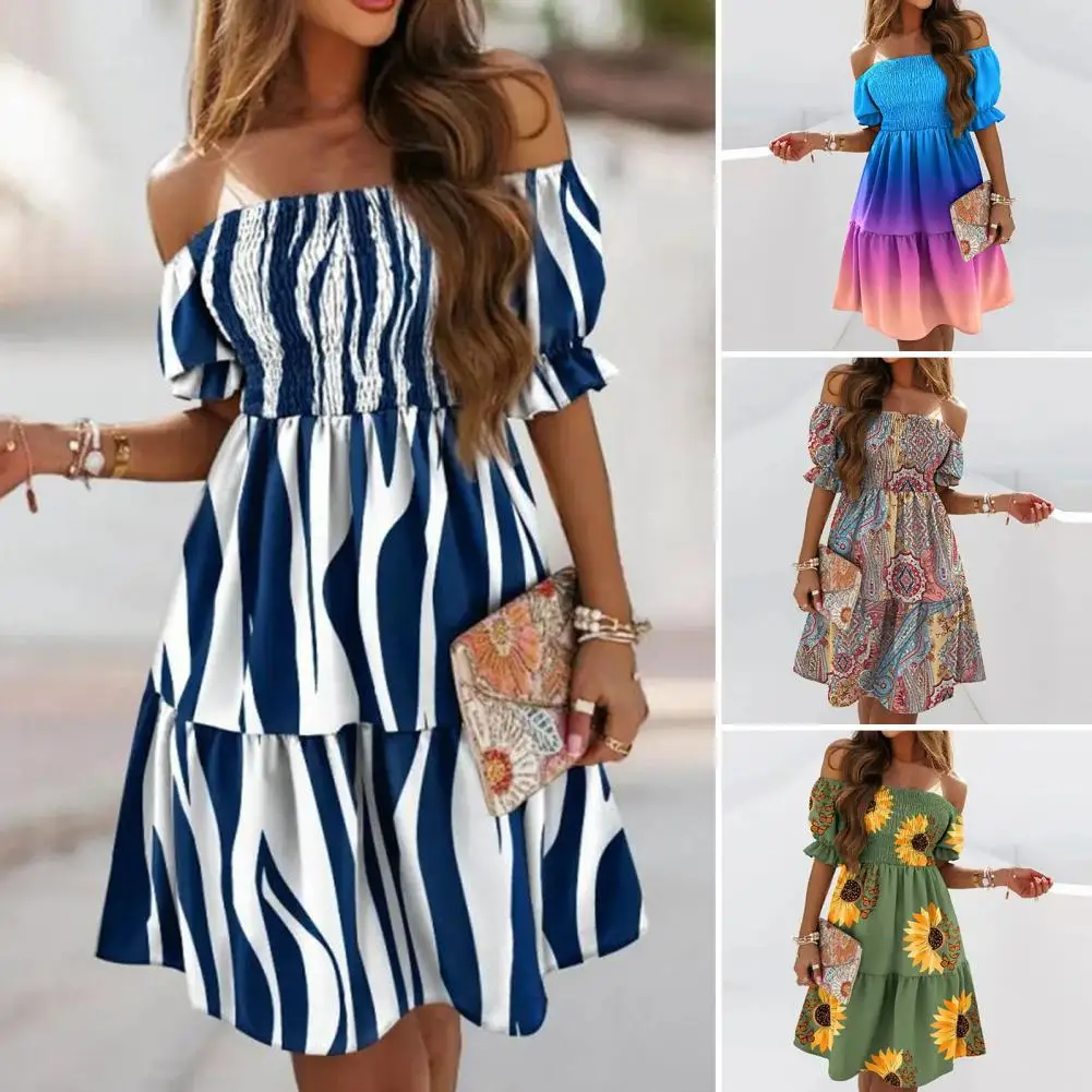

Puff Short Sleeve Elastic Chest Wrap Stitching Mini Dress Ruffle Hem Tie Dye Print Off Shoulder Summer Dress Female Clothes