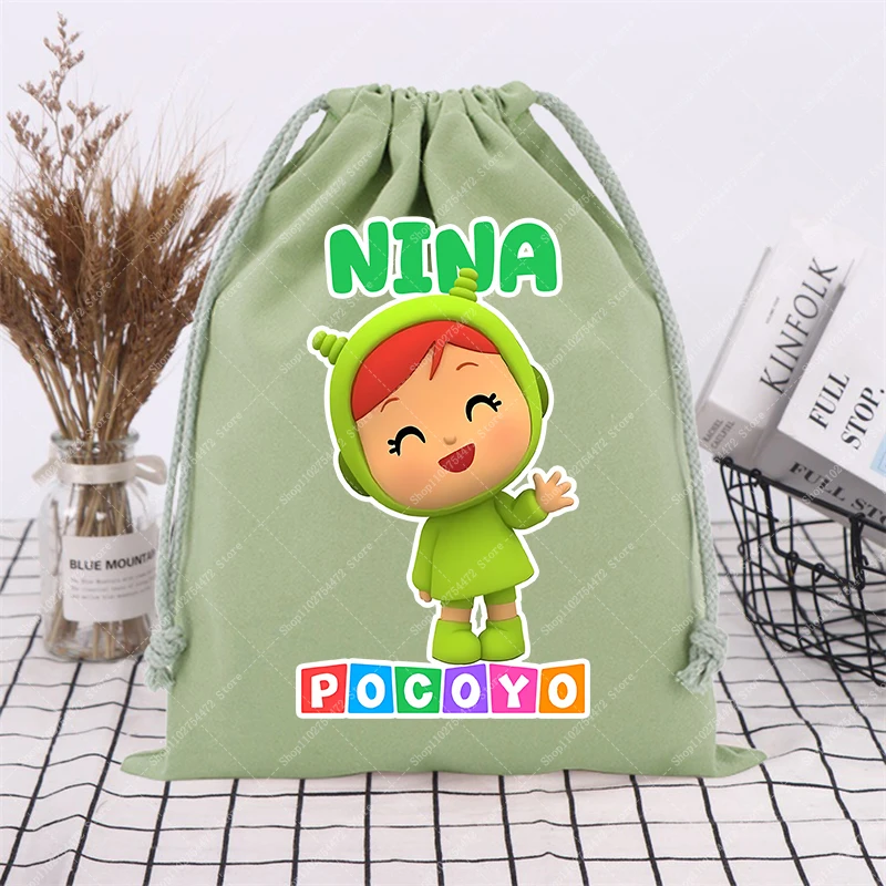 Фото Детская сумка-мешок с мультяшным принтом Pocoyo, хлопковая, на шнурке, для мальчиков и девочек, модная повседневная сумка для хранения, подарок 2026 №4