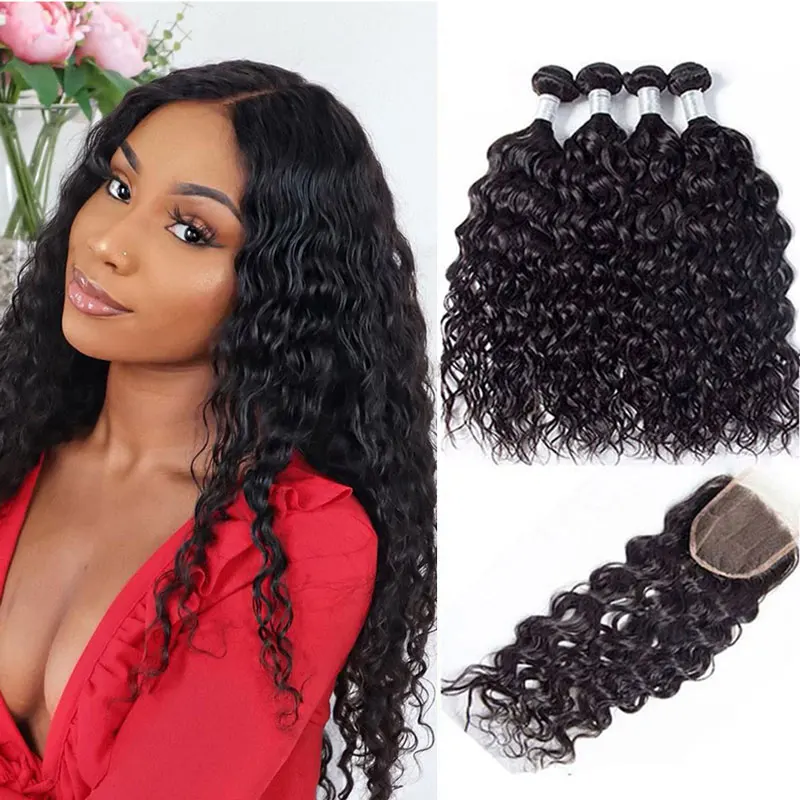 

Water Wave Bundles With Frontal 13x4 Brazilian Weave 30 Inch Hair Extension Virgin 5x5 Bundles With HD Transparent Lace Closure