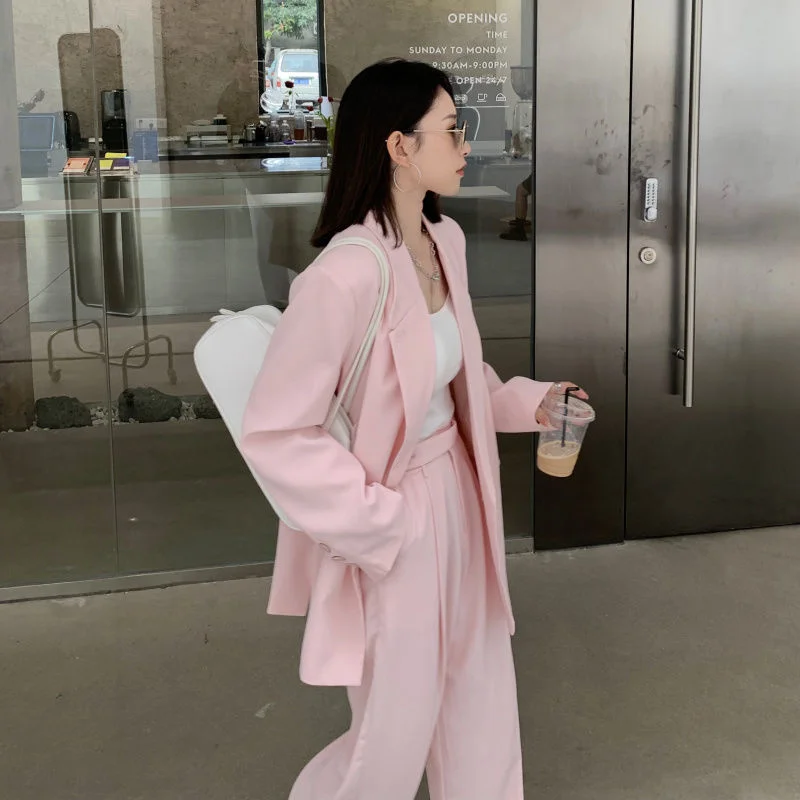 

Однотонный женский брючный костюм на одной пуговице и широкие брюки бежевого и розового цвета, весенний женский комплект из двух предметов ...