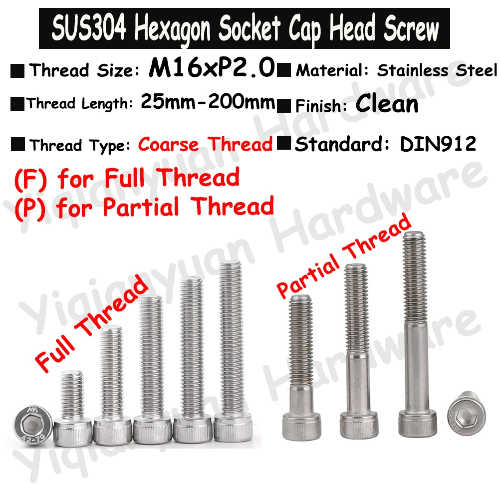 

1Piece~3Pcs M16xP2.0 DIN912 SUS304 Stainless Steel Hexagon Socket Knurled Cap Head Screws Allen Key Bolts Full/Partial Threaded
