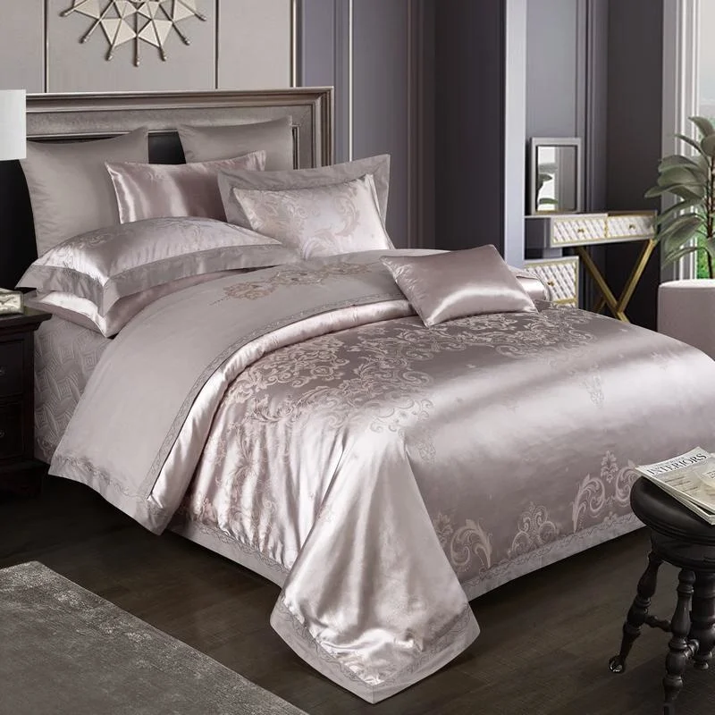 

Sateen Damask Jacquard Duvet Cover Luxury 4Pcs Soft Silky Bedding set with Zipper Quilted Cotton Bedspread Pillowcases