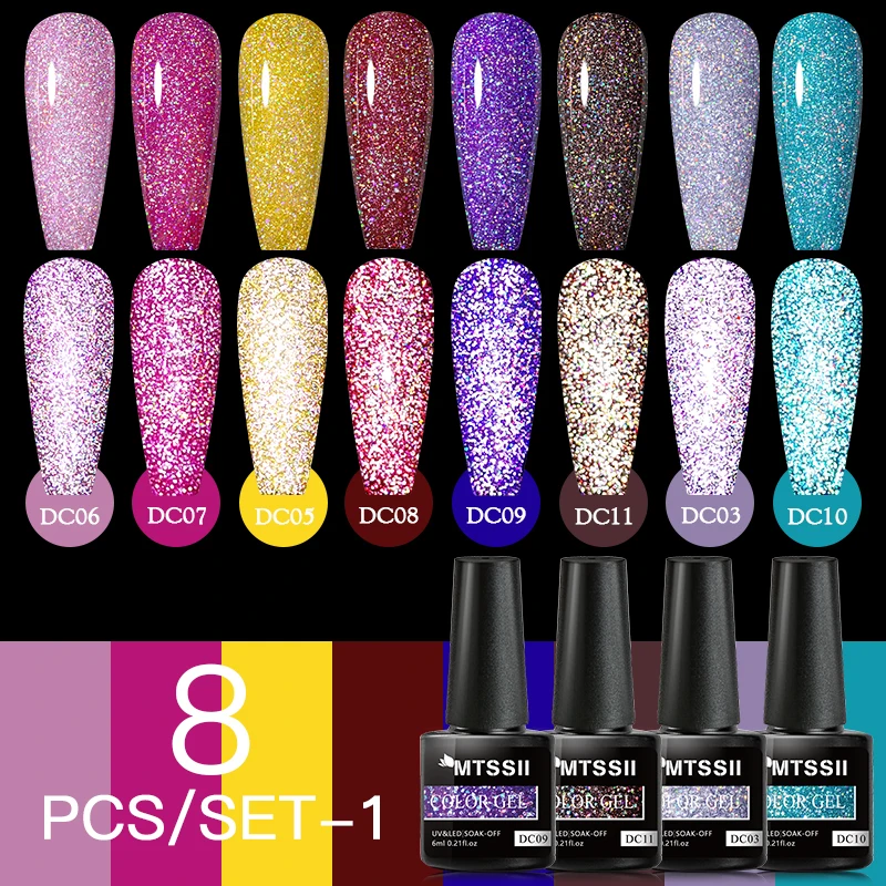 

8Pcs/set Nail Gel Polish Set Glitter Reflective Fluorescence Polish Semi Permanent Uv Gel Nail Art Manicure Varnishes