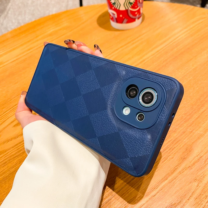 

Luxury Grid Pattern Leather Liquid Silicone Case for Xiaomi Redmi Note 11 11t 10 10s pro lite Shockproof Lens Protection Cover