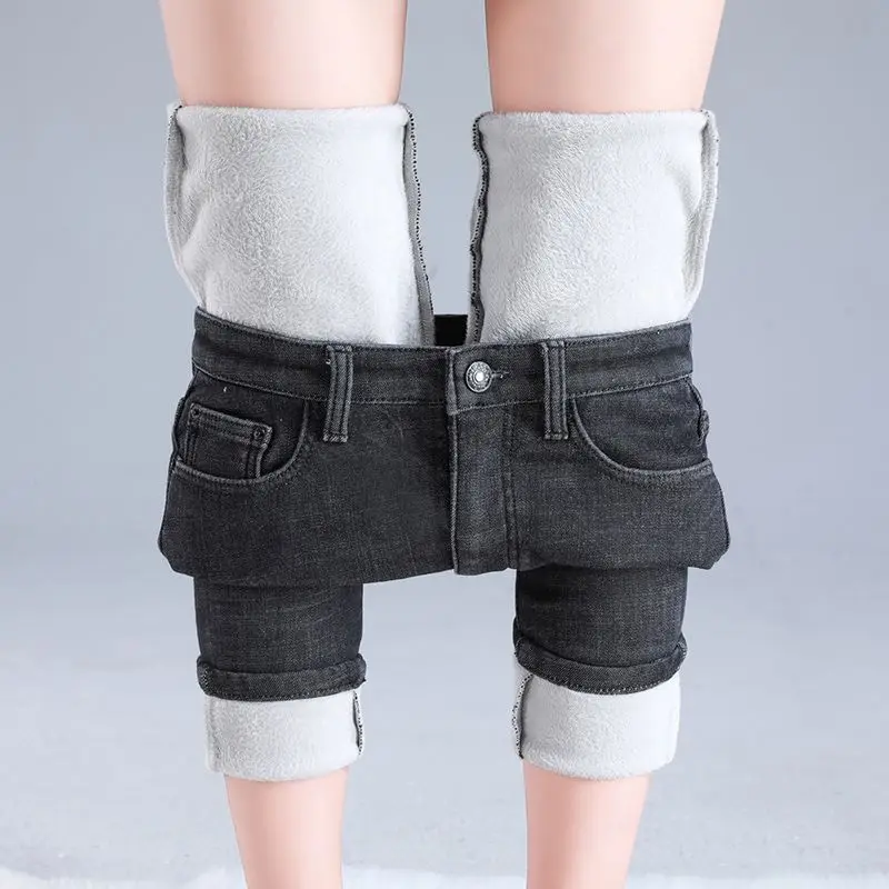 

Женские Зимние флисовые джинсовые брюки-карандаш с высокой талией, теплые утепленные джинсы Y2K, облегающие эластичные бархатные джинсы, женские джинсовые брюки 305