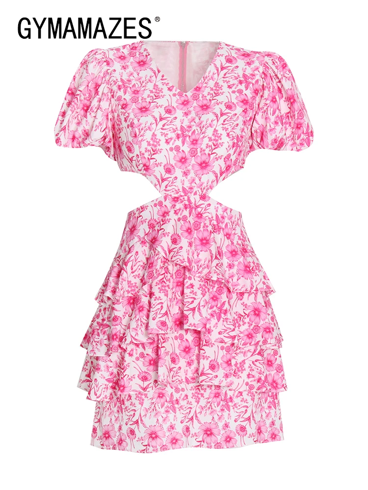 

GYMAMAZES Vintage Cut Out Mini Dress For Women V Neck Puff Sleeve High Waist Print Colorblock Dresses Female Clothes Fashion New