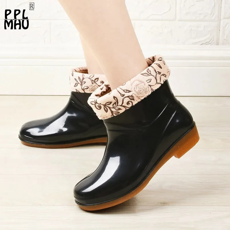 

Зимние теплые плюшевые ботильоны из ПВХ, водонепроницаемые Нескользящие непромокаемые ботинки, Модная комфортная легкая резиновая обувь без застежки с круглым носком