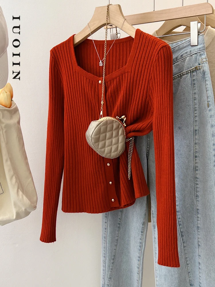 

IUOIIN Slim Cardigans Women Sweaters 2023 Autumn Winter Chic Comfortable Square Collar Sweater Solid Button Single Breasted Top