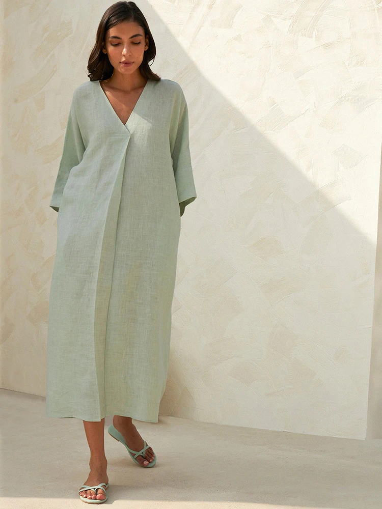 

Hiloc Green Cotton Night Dress Women Nightgowns Three Quarter Sleeve V-Neck Women's Night Peignoir Spring Elegant Nightdress