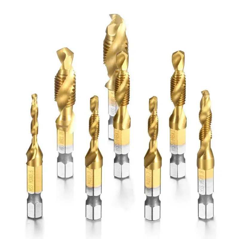 

AT35 8Pcs HSS Countersink Tap Drill Bit Set, Combination Hex Shank Titanium Screw Thread Metric Tap Drill For Wood Plastic Alumi