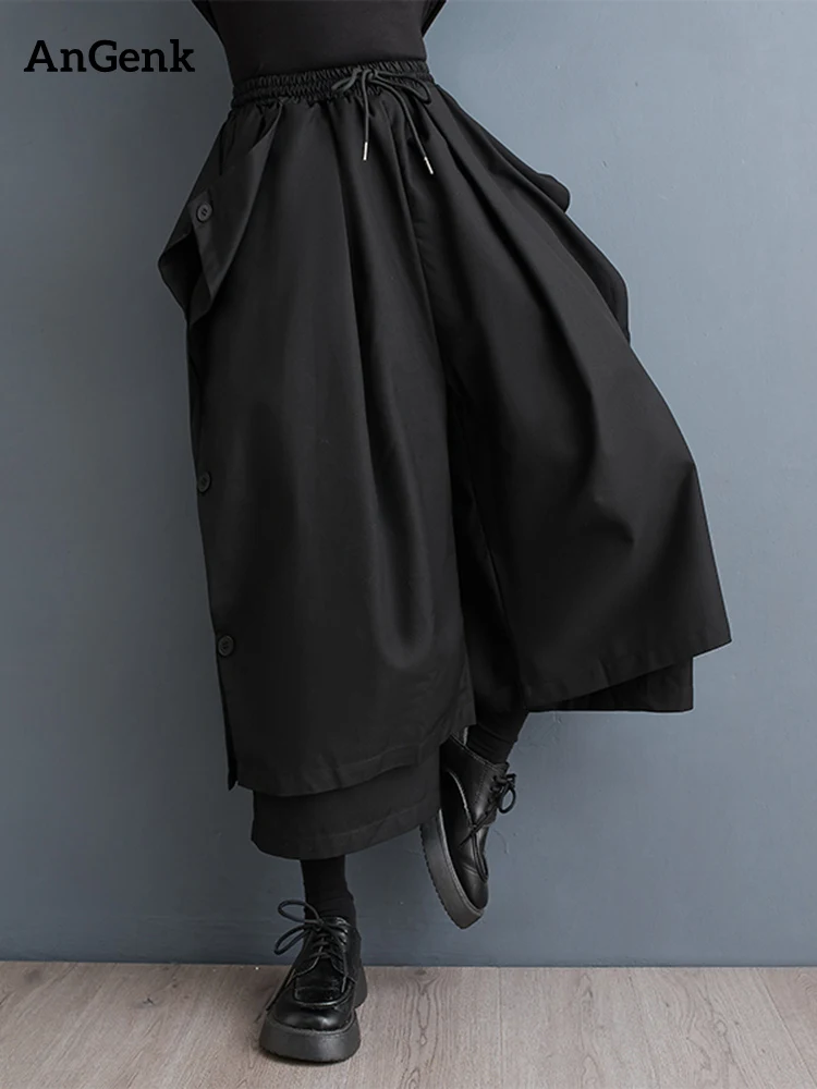 Черные винтажные широкие брюки на пуговицах с высокой талией женские новые