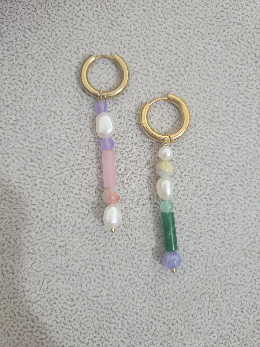 

2022 Trendy Boho Style Blue Green Stone Bead String Long Tassel Pearl Hoop Earrings Gems Beaded Ear Huggies Handmade Jewelry Lot