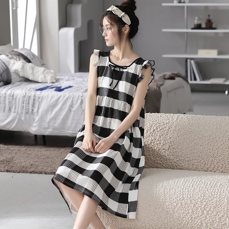 Women's Cotton Pajamas Summer round Neck Short-Sleeved Suspender Skirt Outerwear Homewear Suit
