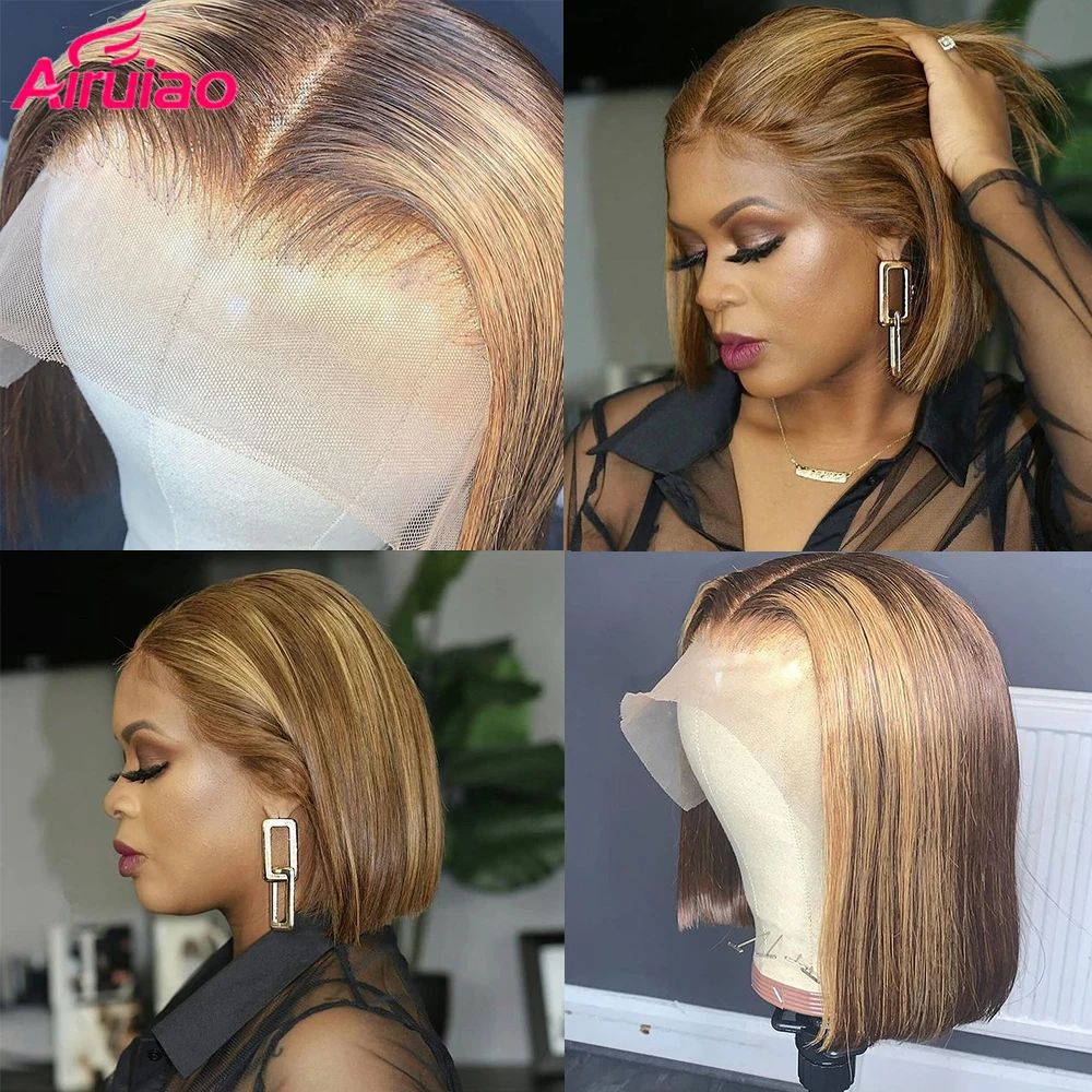 

4x4 Closure 13x6 HD Lace Front Honey Human Hair Blonde Highlight Wig Brown Short Straight Bob Colored Lace Front Wigs Brazilian