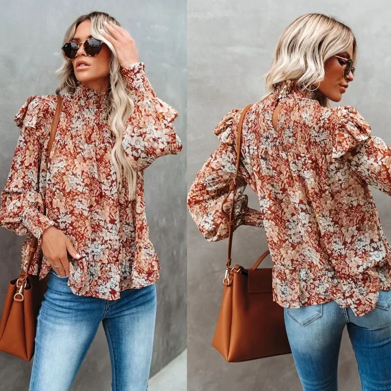

2023 Autumn Long Sleeve Pleated Loose Blouse Fashion Women High Collar Floral Print Top Korean Shirt Split Top Elegant 29595