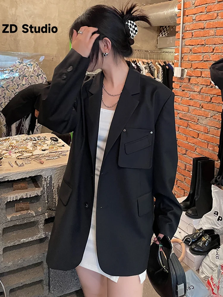 

[ZD Studio] Women Black Pockets Size Casual Blazer New Lapel Long Sleeve Loose Fit Jacket Tide Spring Autumn 2023
