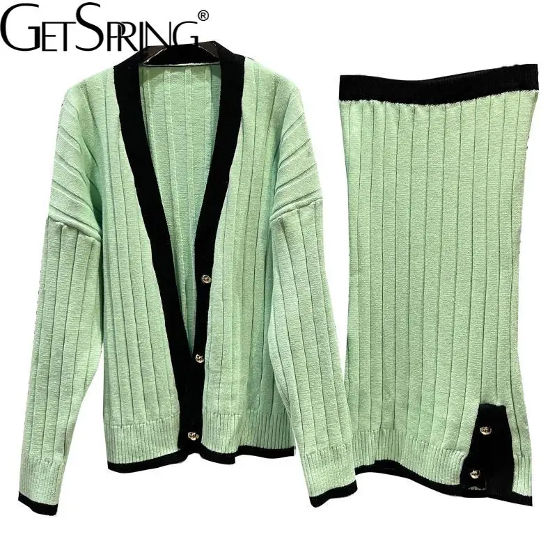 

Getspring Women Skirt Set Color Matching Knitting Coats Vintage High Waist Long Skirts Casual Fashion Two-piece Suit 2022 New