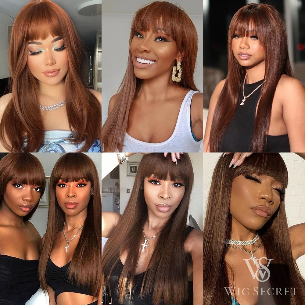 Long Straight Brown Wig With Bangs Fringe Bob Human Hair Wig With Bangs For Women Brazilian Remy Hair Glueless Full Machine Made