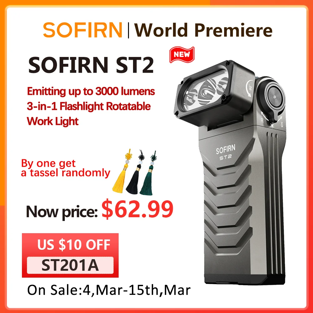 Фото Фонарь SOFIRN ST2 3000LM с поворотным механизмом, светодиод SFT42R, 6000K, красный свет 660нм с УФ 365нм, перезаряжаемый через USB-C, EDC-фонарь №1