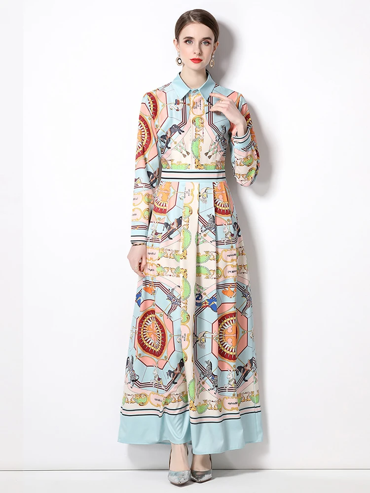 

Женское модельное однобортное платье макси N596, плиссированное платье с отложным воротником и длинным рукавом, винтажное платье с цветными блоками и винтажным принтом, весна-осень