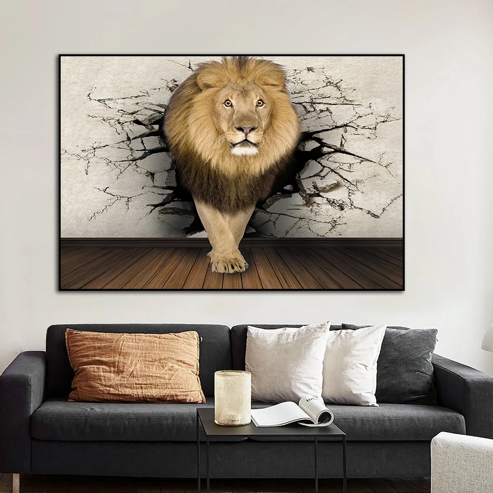 

3D Animal Mural Lifelike Canvas Print Rhino Lion Elephant Non-Woven Fabric Wall Art Posters and Prints Living Room Bedroom Decor