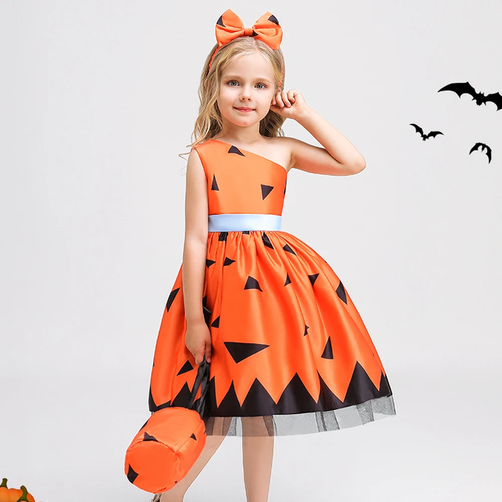 

2023 Halloween Costume Dress for Kids Girls Carnival Ghost Vampirina Pumpkin Printed Party Dress Witch Cosplay Princess Dresses