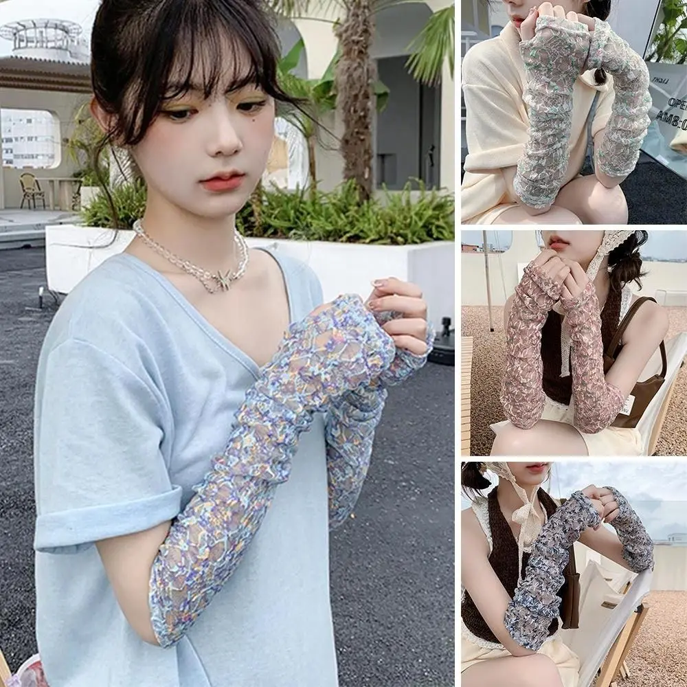 

Sun Protection Lace Mesh Thin Hollow-Out Arm Sleeves Long Gloves Cycling Mittens