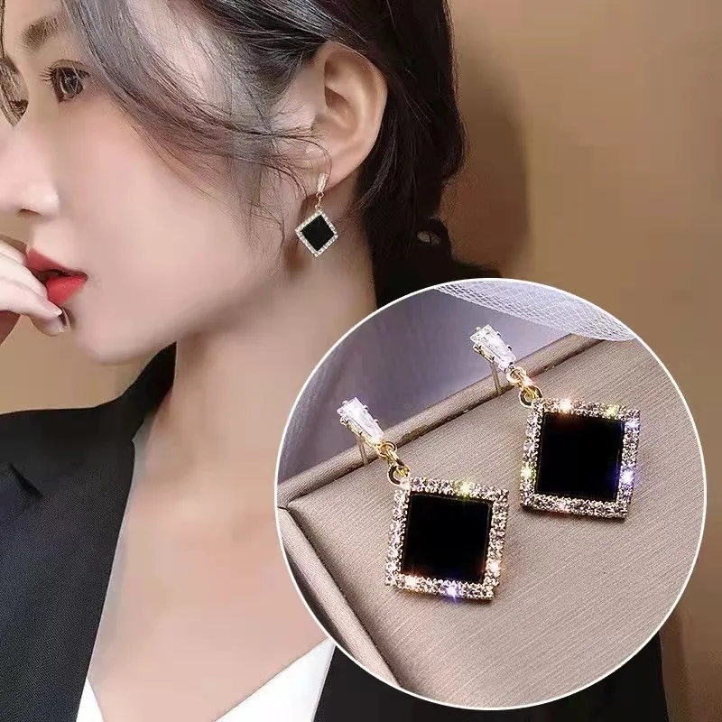 

Luxury Fashion Black Color Geometric Double Square Hoop Earrings for Women Statement Rhinestone Earring Jewelry Pendientes Mujer