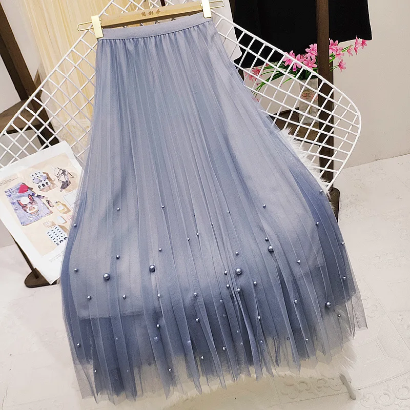 

Beading Princess Tulle Skirts 2022 New Korean Style Spring Summer High Waist Elegant Mesh Pleated Skirt for Women Jupe Femme