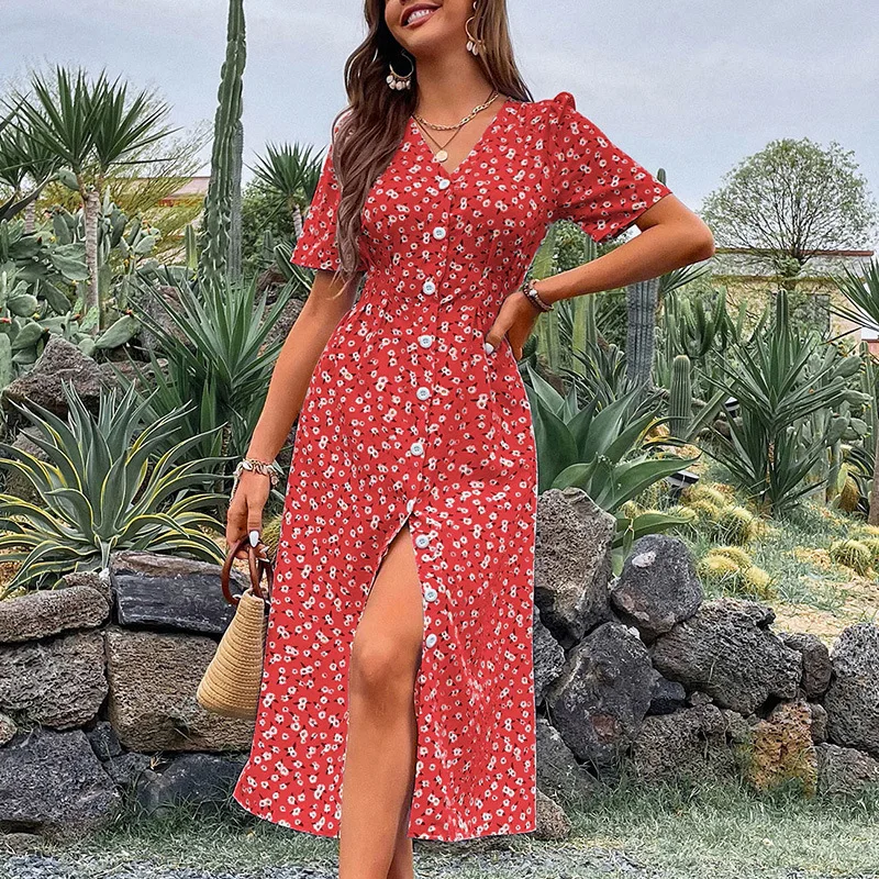

New V-neck Midi Skirt Short Sleeve Floral Slit Shirt Dress