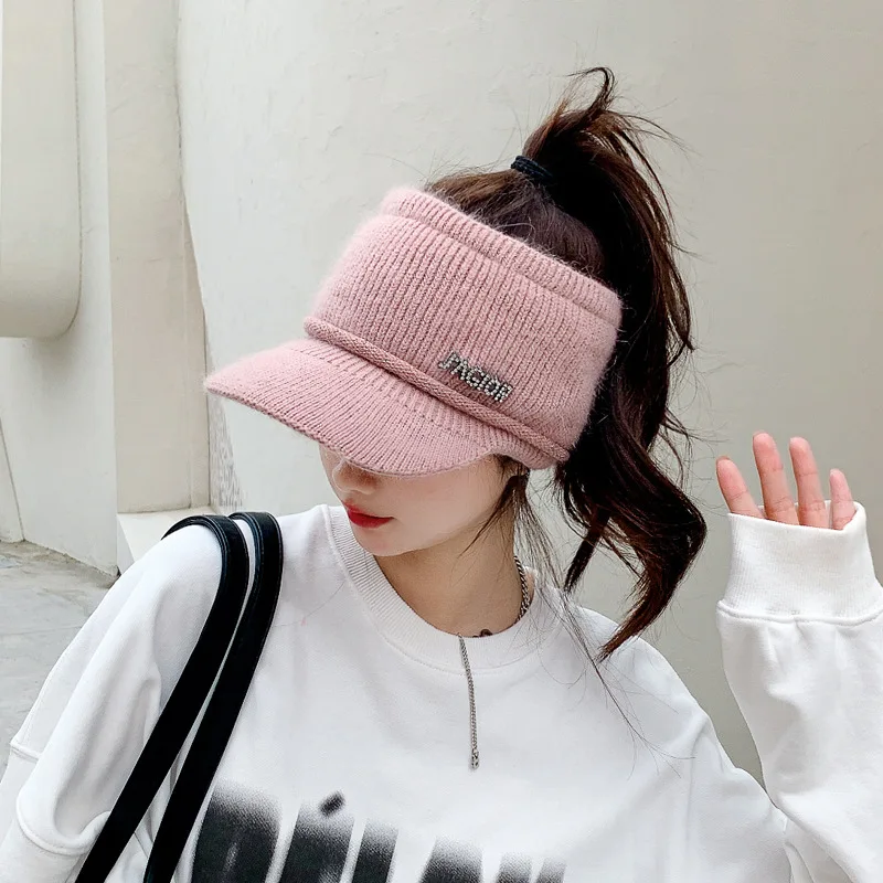 

Beanies Winter Hats for Women Rabbit Fur Knitted Ponytail Beanies Letter Sports Elastic Knitted Empty Top Hat Warm Skullies Hat