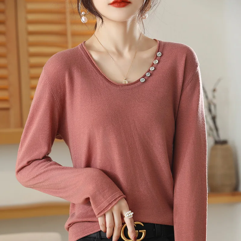 Женский кашемировый свитер тонкий пуловер с круглым вырезом и длинным рукавом
