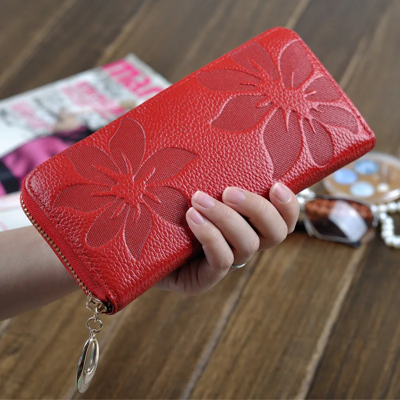 

Patterned First Layer Cowhide 8 Card 1 Zipper Pocket 3 Bill 2 Coin Slots Women's Wallet Long Clutch Bolsa Feminina