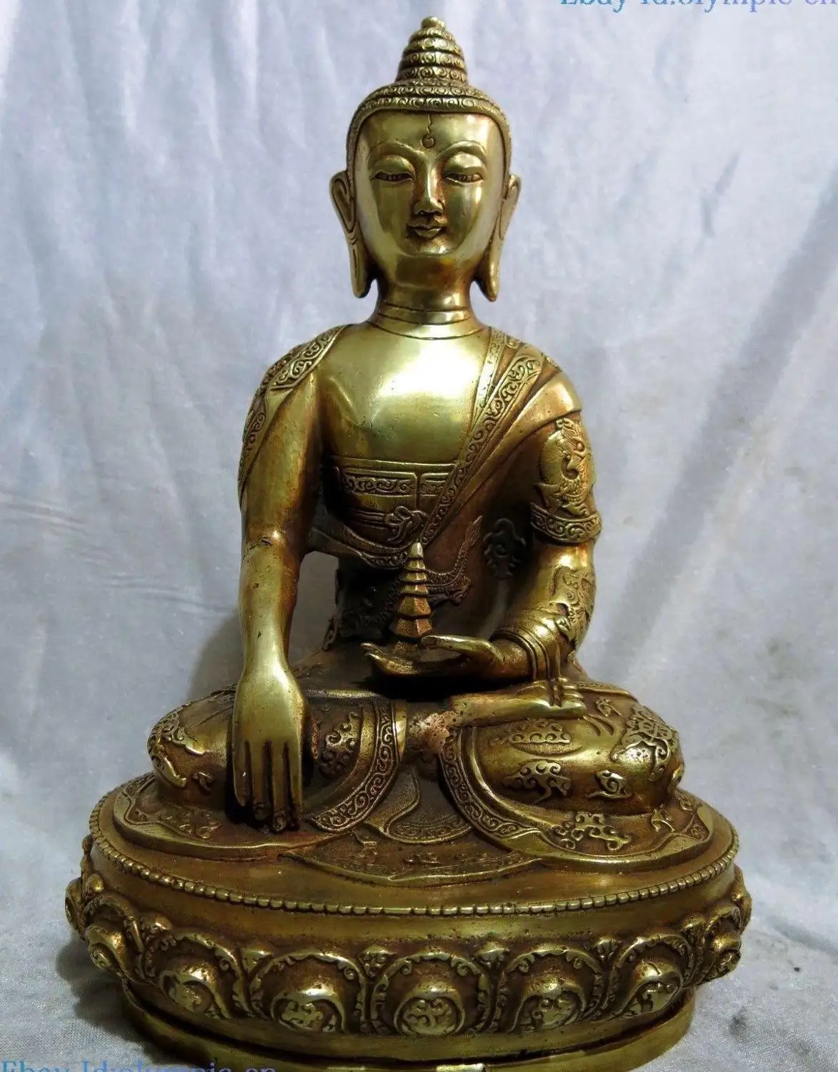 

12" China brass carved dragon sculpture copper buddhism Sakyamuni pagoda Statue