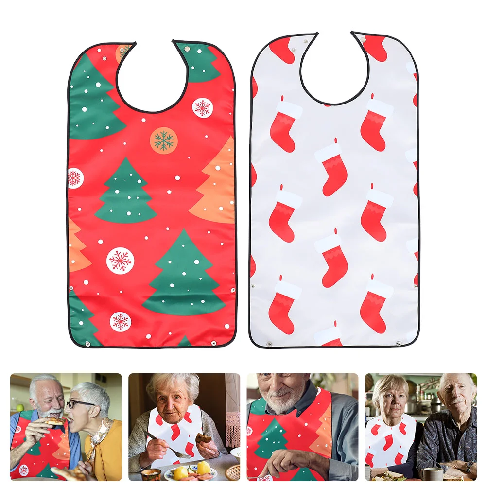 

2 Pcs Waterproof Bibs Adult Christmas Adjustable Pattern Senior Man Polyester Eating