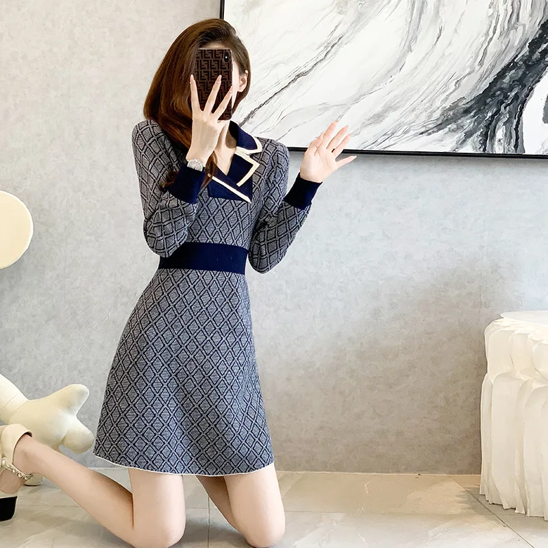 

High Quality 2023 Elegant Contrast Colort Design Women Dress Female Evening Party Autumn Winter Crop Top Clothes Casual Y2k Robe