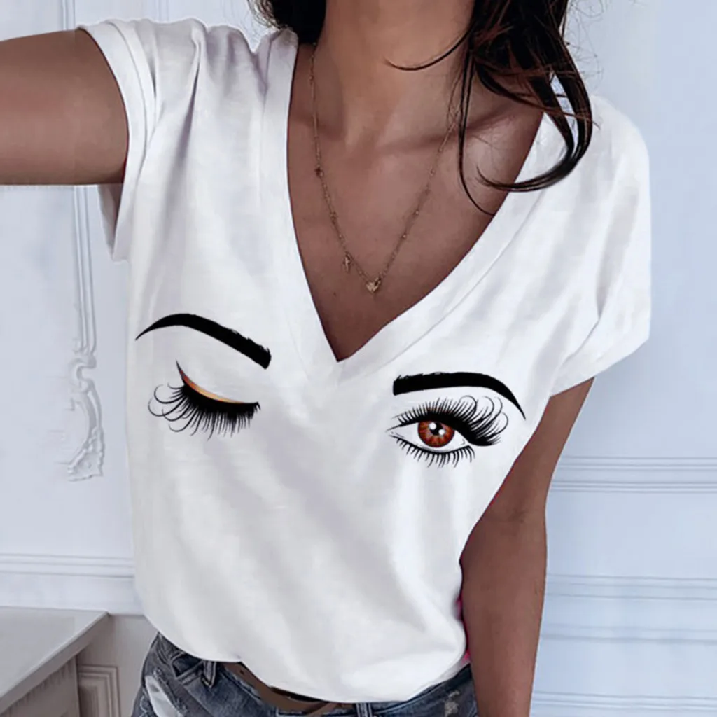 

Short Graphic Shirt Sleeve Shirt Women T-shirt Deep Beautiful V-neck Tee Eyes Thermal Underwear Shirt Women T Shirt Womens Soft