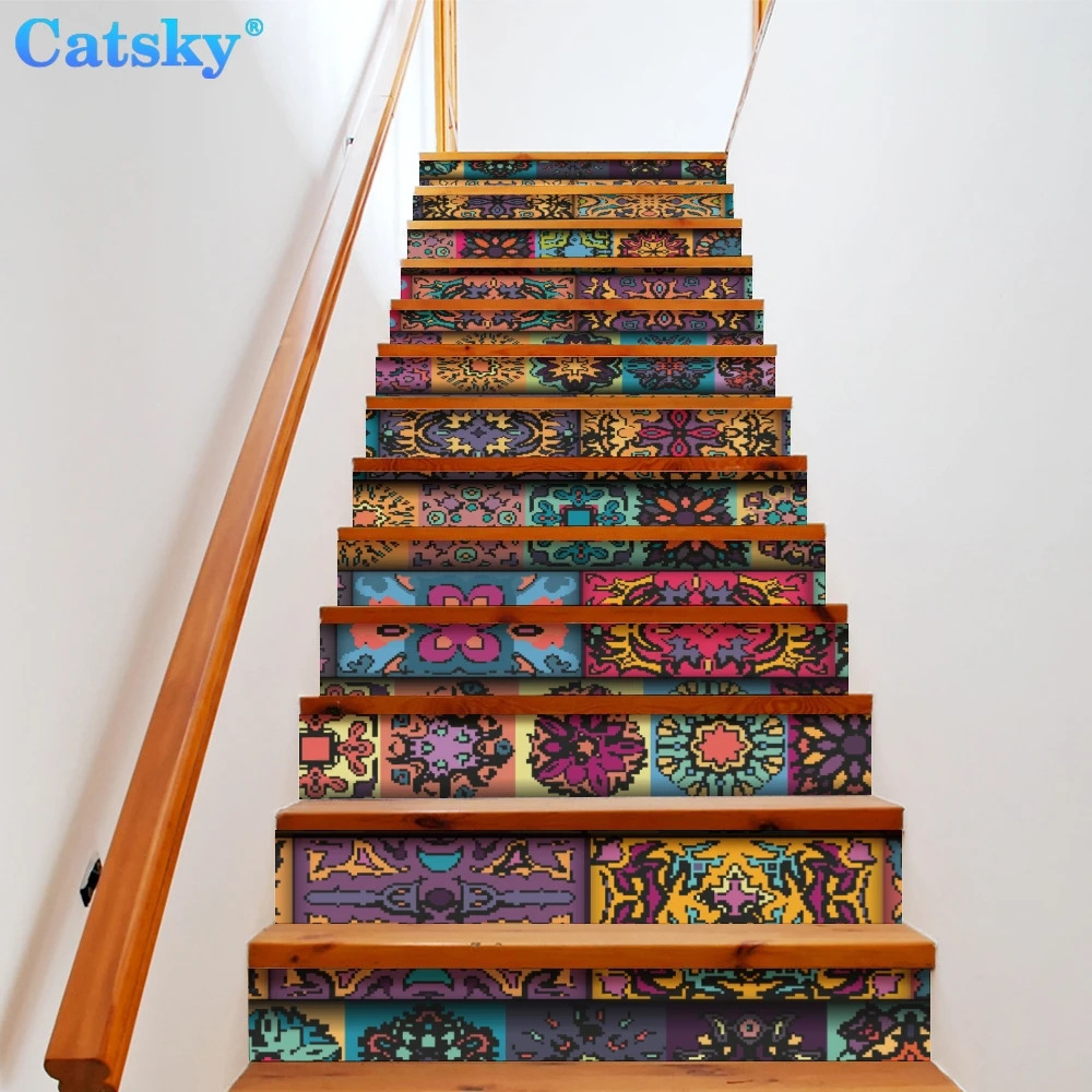 

Ethnic Style Printstyle,Mandala,6pcs 13pcs/Set Stair Floor Stickers Waterproof Removable Self Adhesive Diy Stairway Decals